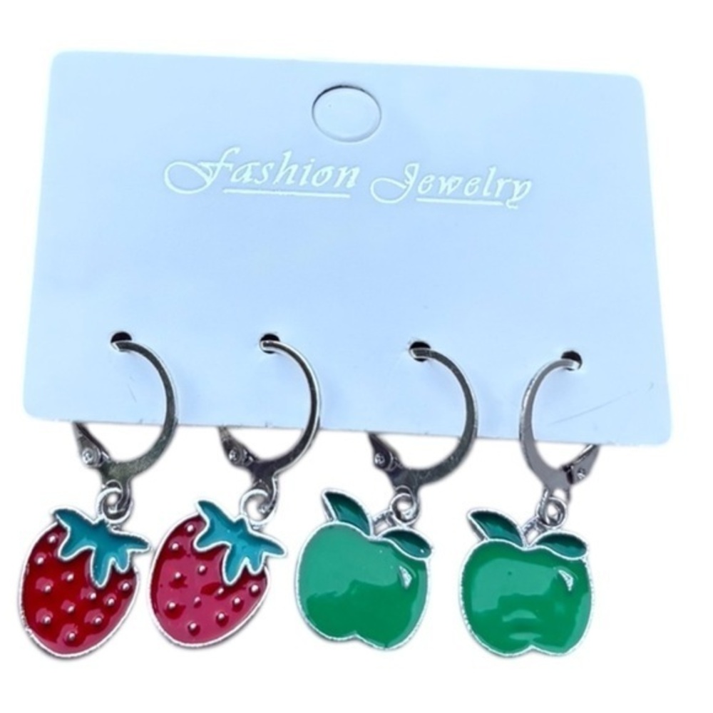 3/$25 2 Paisr of Earrings Green Apple & Strawberry Dangle Earring Pair Set